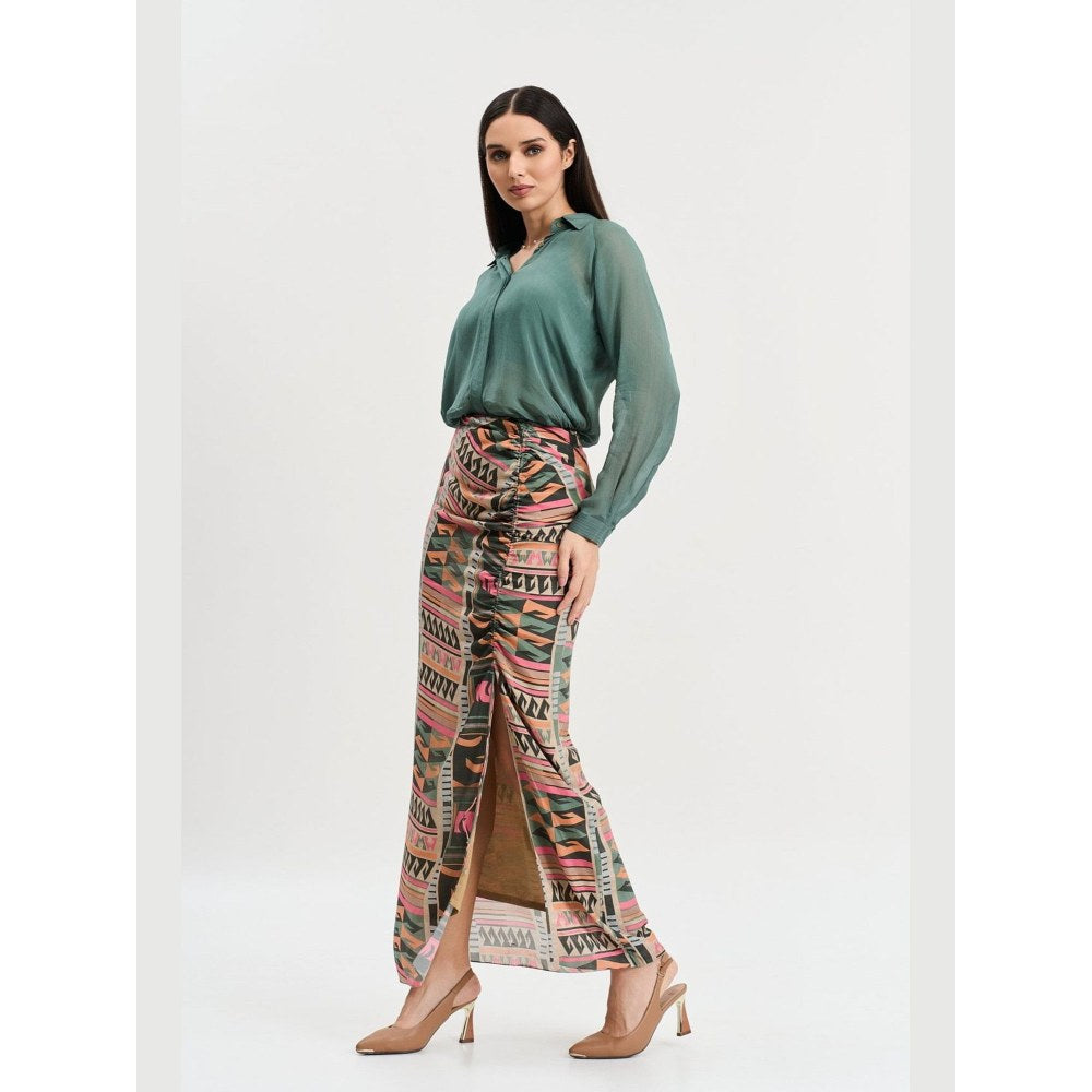 KOSWI Women Green Cotton Silk Solid Shirt with Skirt