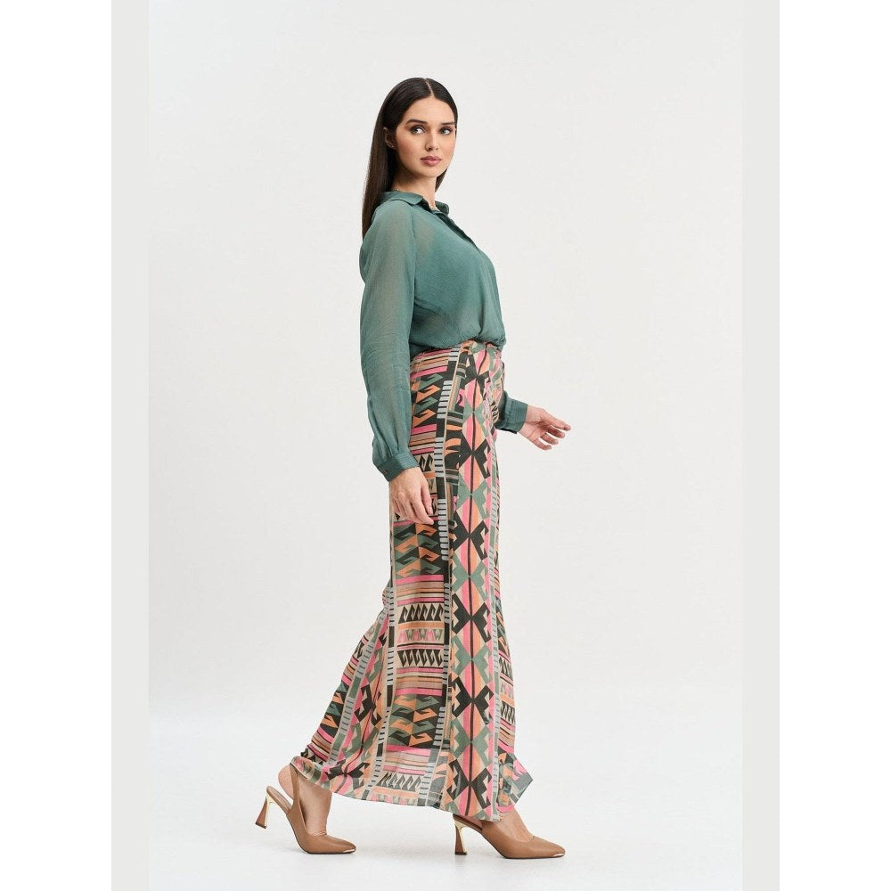 KOSWI Women Green Cotton Silk Solid Shirt with Skirt
