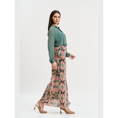 KOSWI Women Green Cotton Silk Solid Shirt with Skirt