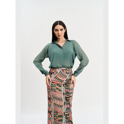 KOSWI Women Green Cotton Silk Solid Shirt with Skirt