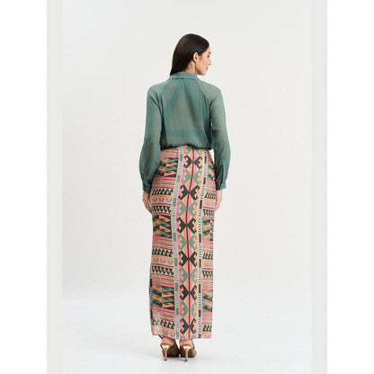 KOSWI Women Green Cotton Silk Solid Shirt with Skirt