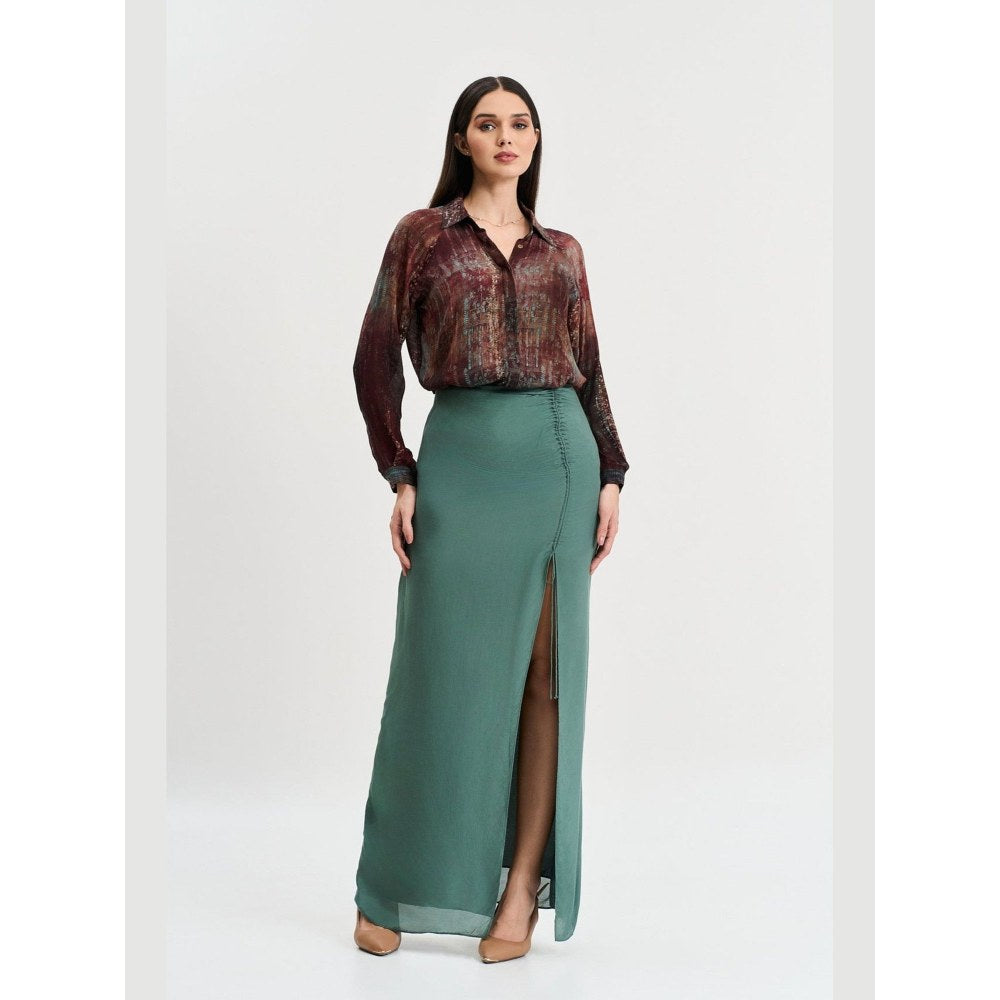 KOSWI Women Brown Cotton Silk Abstract Printed Shirt with Skirt