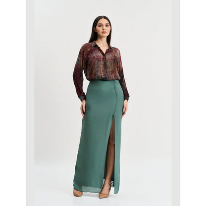 KOSWI Women Brown Cotton Silk Abstract Printed Shirt with Skirt