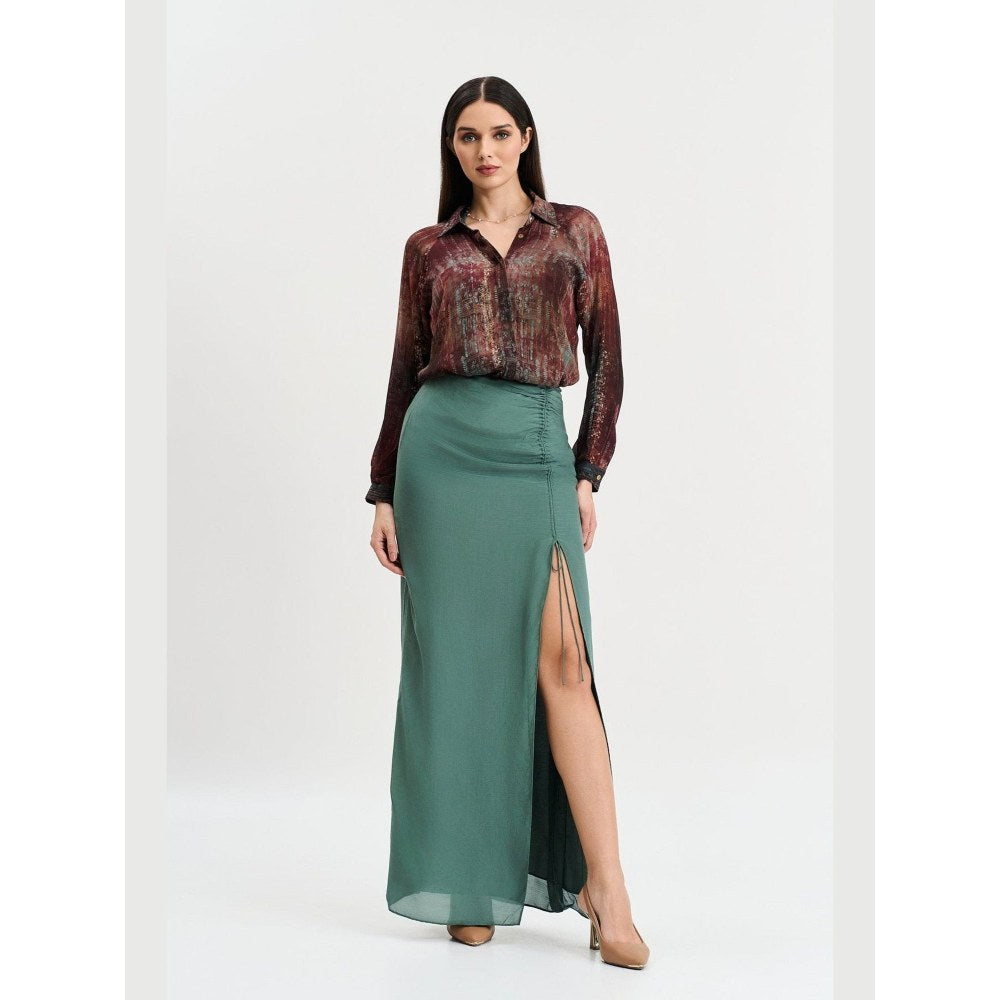 KOSWI Women Brown Cotton Silk Abstract Printed Shirt with Skirt