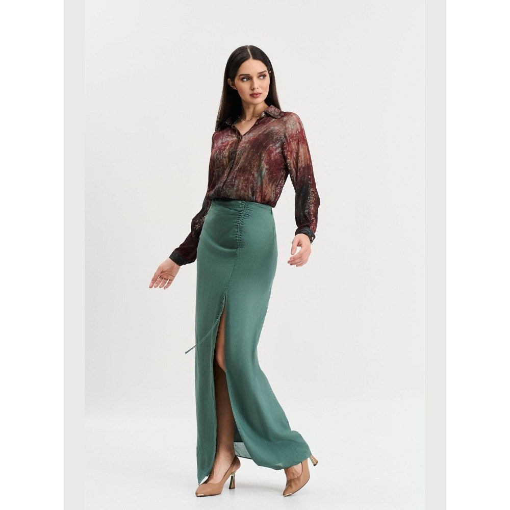 KOSWI Women Brown Cotton Silk Abstract Printed Shirt with Skirt