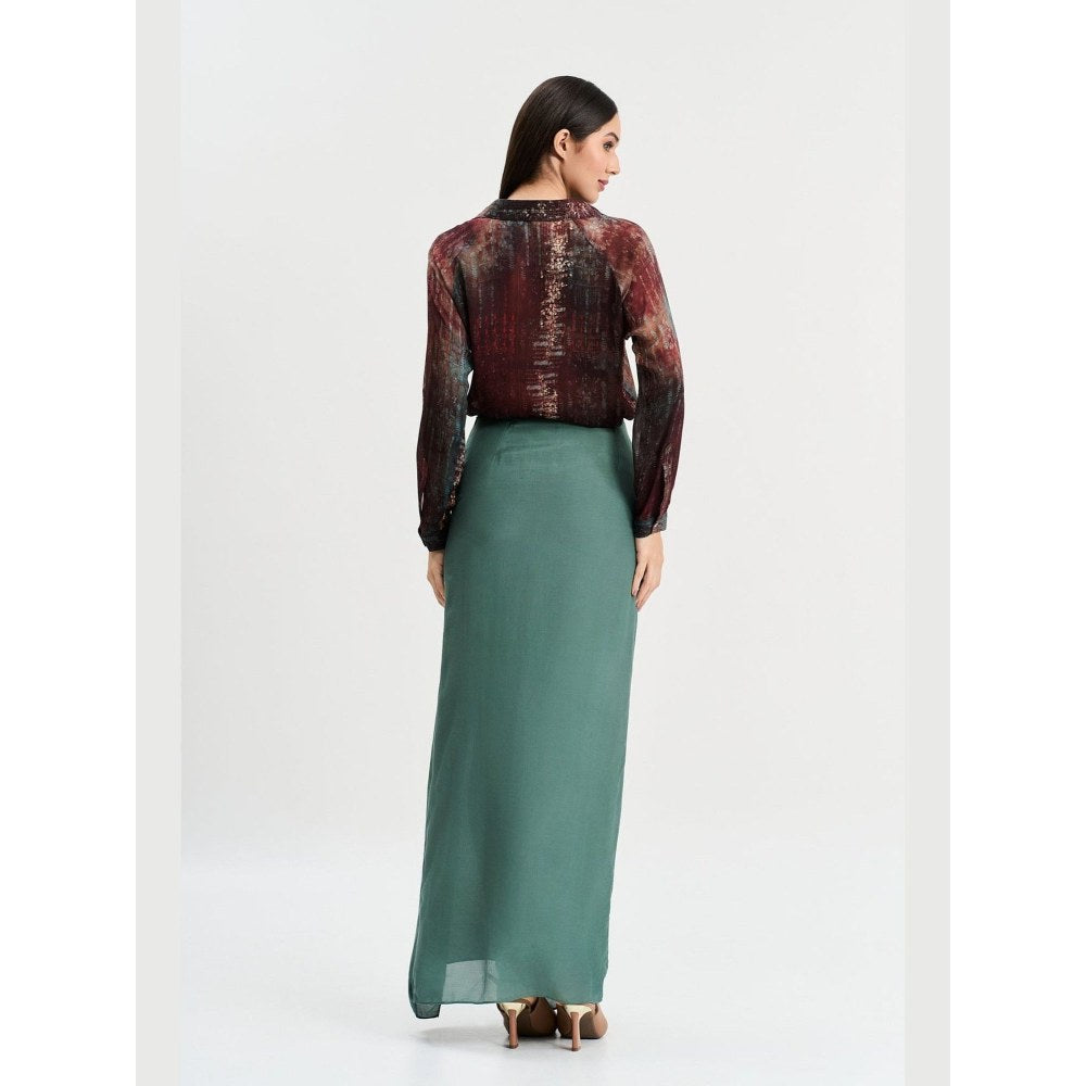 KOSWI Women Brown Cotton Silk Abstract Printed Shirt with Skirt