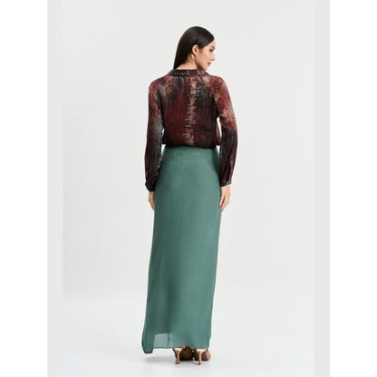 KOSWI Women Brown Cotton Silk Abstract Printed Shirt with Skirt