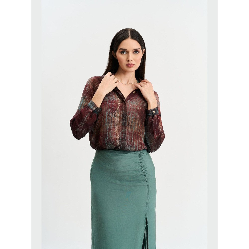 KOSWI Women Brown Cotton Silk Abstract Printed Shirt with Skirt