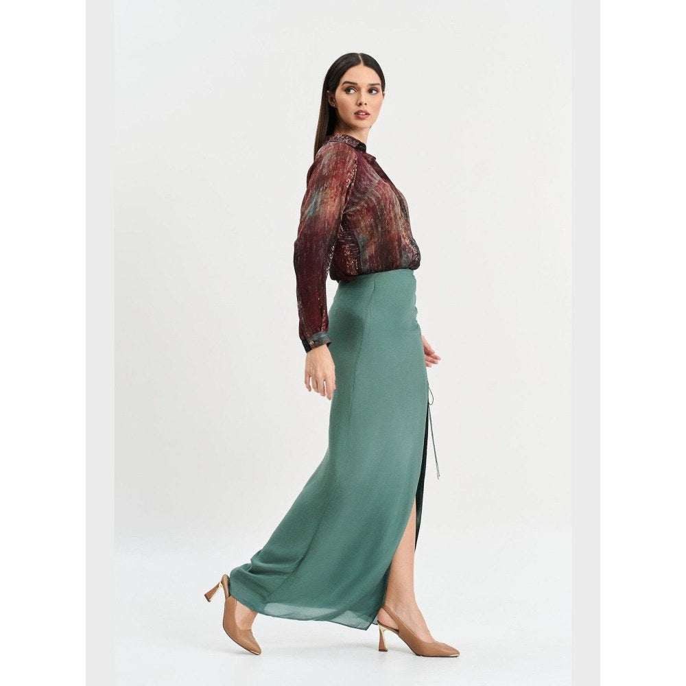 KOSWI Women Brown Cotton Silk Abstract Printed Shirt with Skirt
