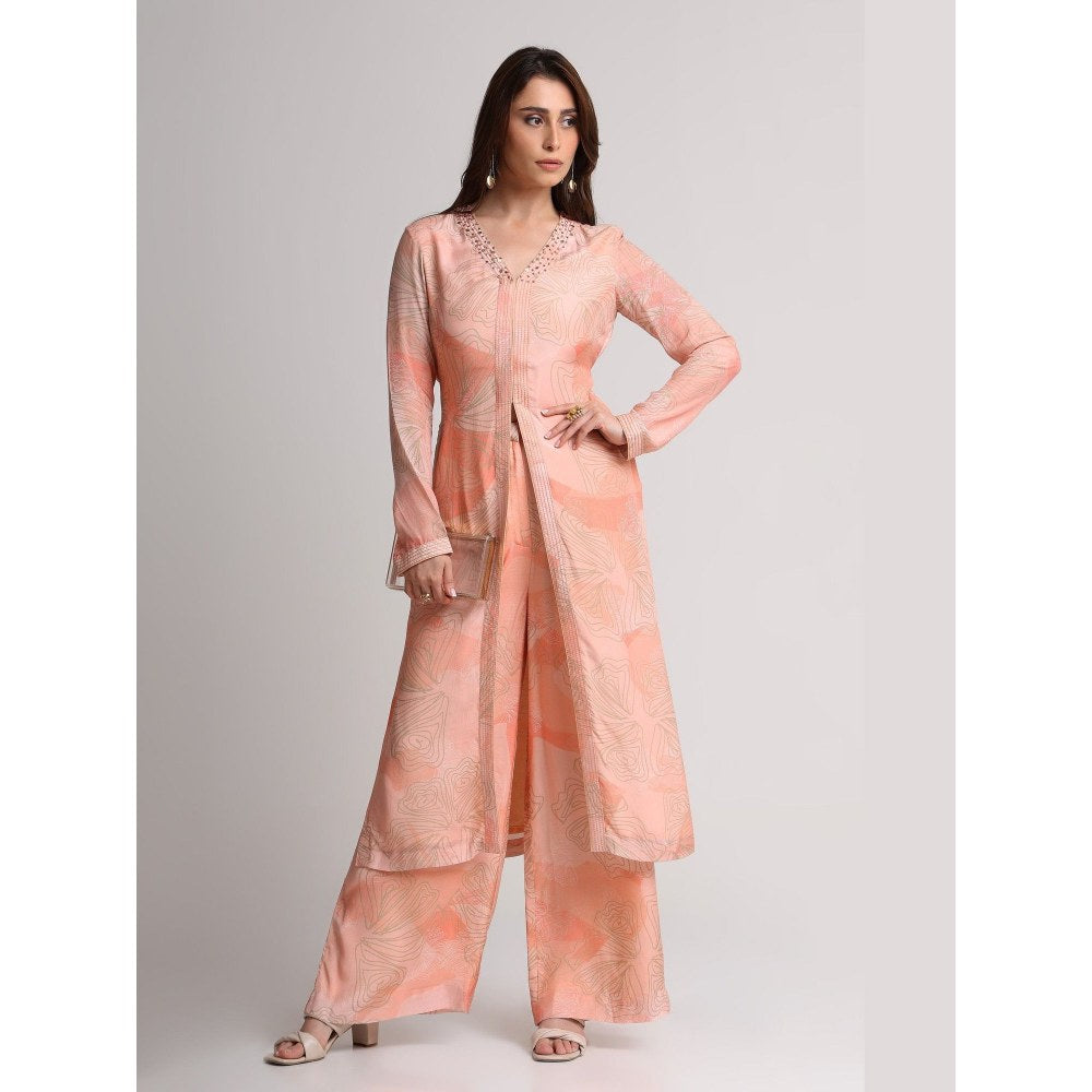 KOSWI Women Peach Viscose Floral Kurta with Pant