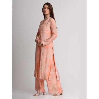 KOSWI Women Peach Viscose Floral Kurta with Pant