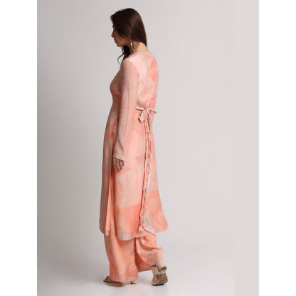 KOSWI Women Peach Viscose Floral Kurta with Pant