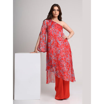 KOSWI Women Red Viscose Abstract Kurta with Pant