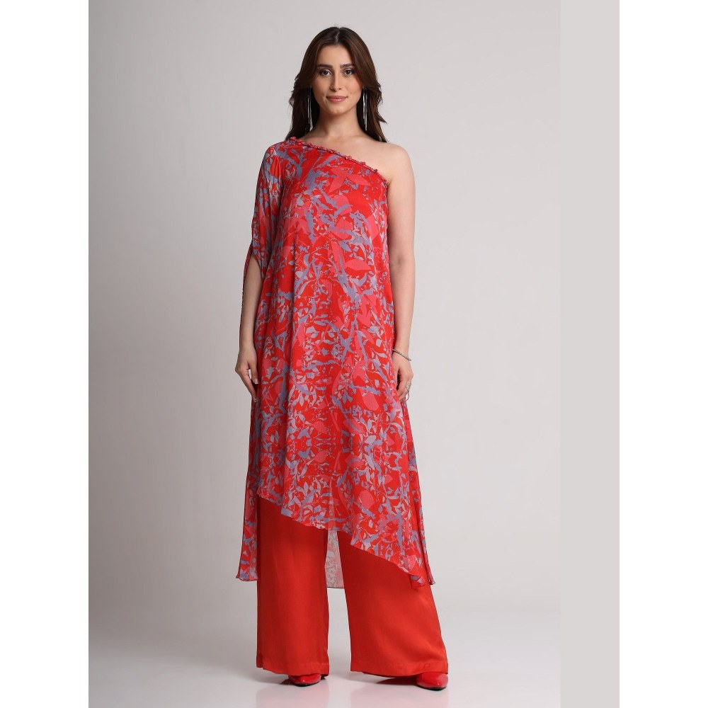 KOSWI Women Red Viscose Abstract Kurta with Pant