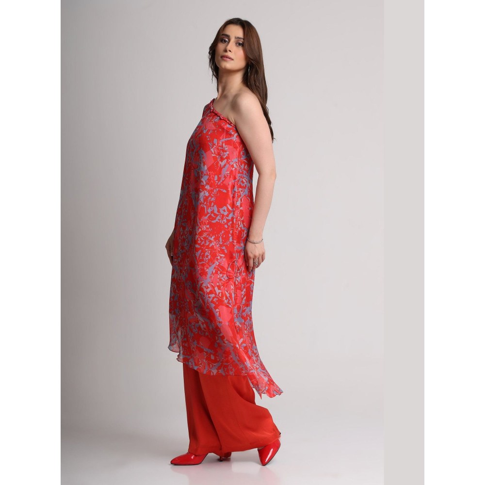 KOSWI Women Red Viscose Abstract Kurta with Pant