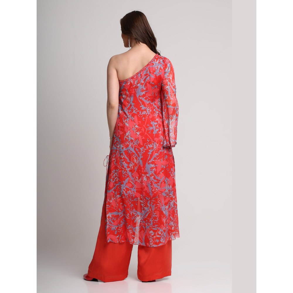 KOSWI Women Red Viscose Abstract Kurta with Pant
