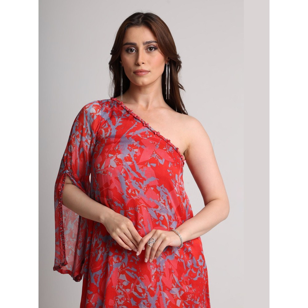 KOSWI Women Red Viscose Abstract Kurta with Pant