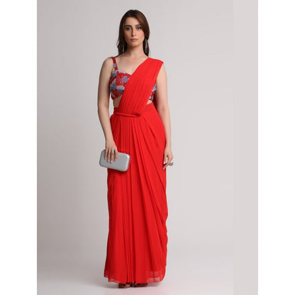KOSWI Red Aura Drape Saree with Stitched Blouse