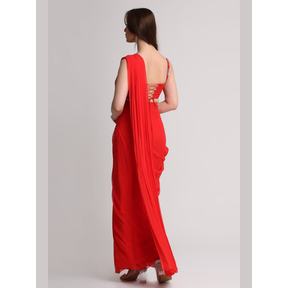 KOSWI Red Aura Drape Saree with Stitched Blouse