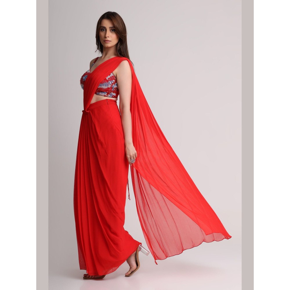 KOSWI Red Aura Drape Saree with Stitched Blouse
