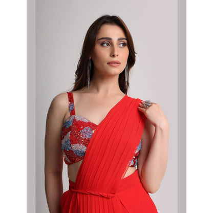 KOSWI Red Aura Drape Saree with Stitched Blouse