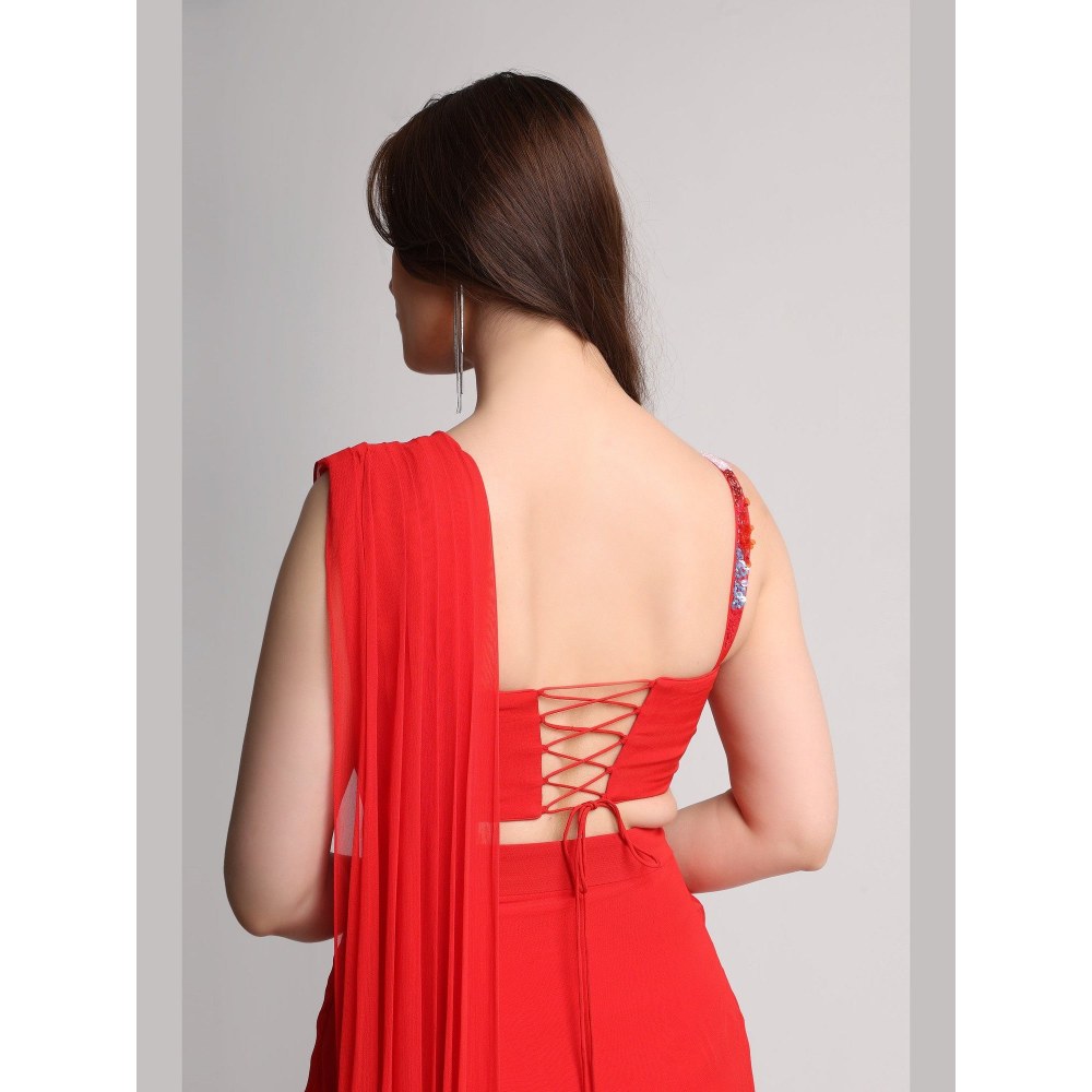 KOSWI Red Aura Drape Saree with Stitched Blouse