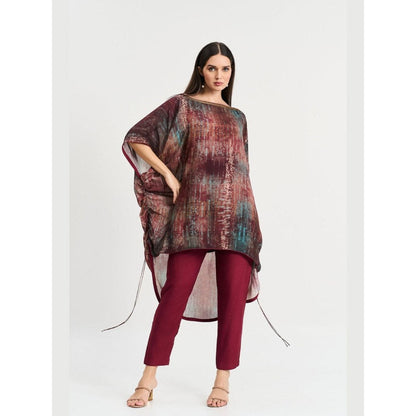 KOSWI Women Maroon Cotton Silk Abstract Kaftan with Pant