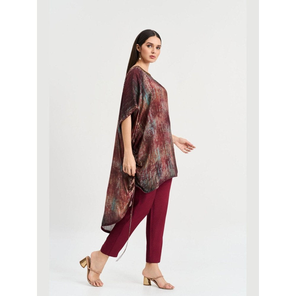 KOSWI Women Maroon Cotton Silk Abstract Kaftan with Pant