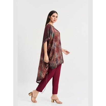 KOSWI Women Maroon Cotton Silk Abstract Kaftan with Pant