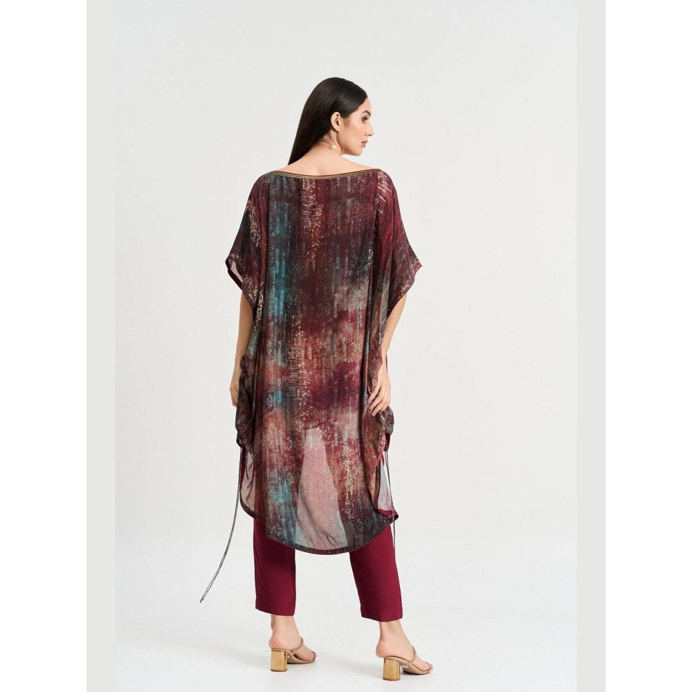 KOSWI Women Maroon Cotton Silk Abstract Kaftan with Pant