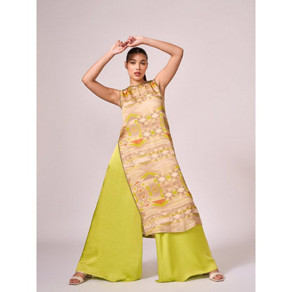 KOSWI Women Taupe Cotton Silk Geometric Kurta with Palazzo