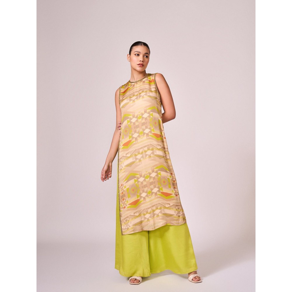 KOSWI Women Taupe Cotton Silk Geometric Kurta with Palazzo