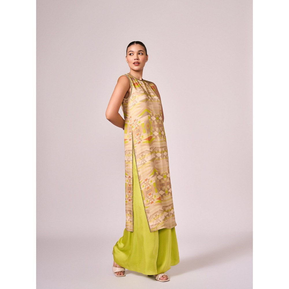 KOSWI Women Taupe Cotton Silk Geometric Kurta with Palazzo
