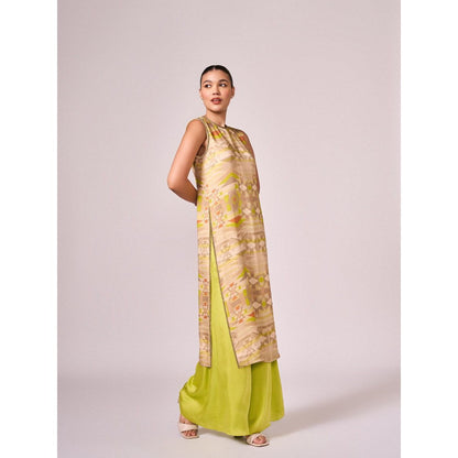 KOSWI Women Taupe Cotton Silk Geometric Kurta with Palazzo