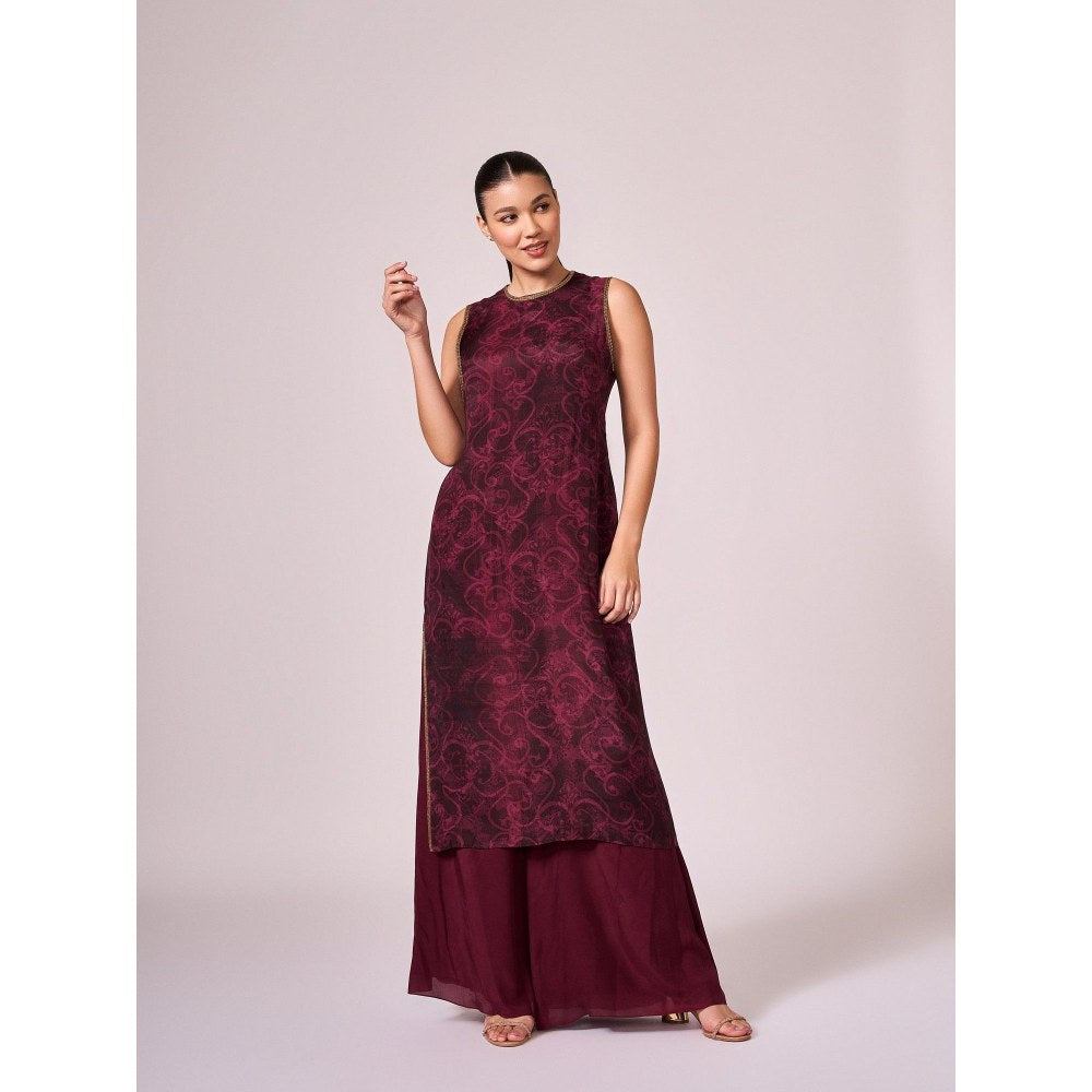KOSWI Women Wine Cotton Silk Abstract Kurta with Palazzo
