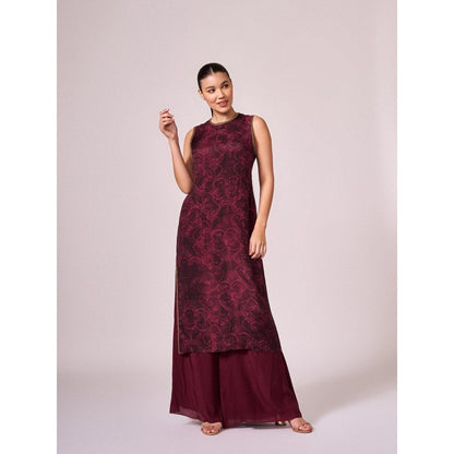 KOSWI Women Wine Cotton Silk Abstract Kurta with Palazzo