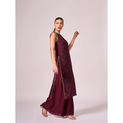 KOSWI Women Wine Cotton Silk Abstract Kurta with Palazzo