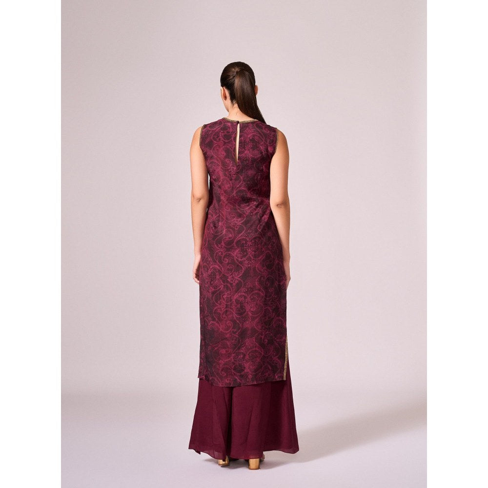 KOSWI Women Wine Cotton Silk Abstract Kurta with Palazzo