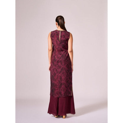 KOSWI Women Wine Cotton Silk Abstract Kurta with Palazzo
