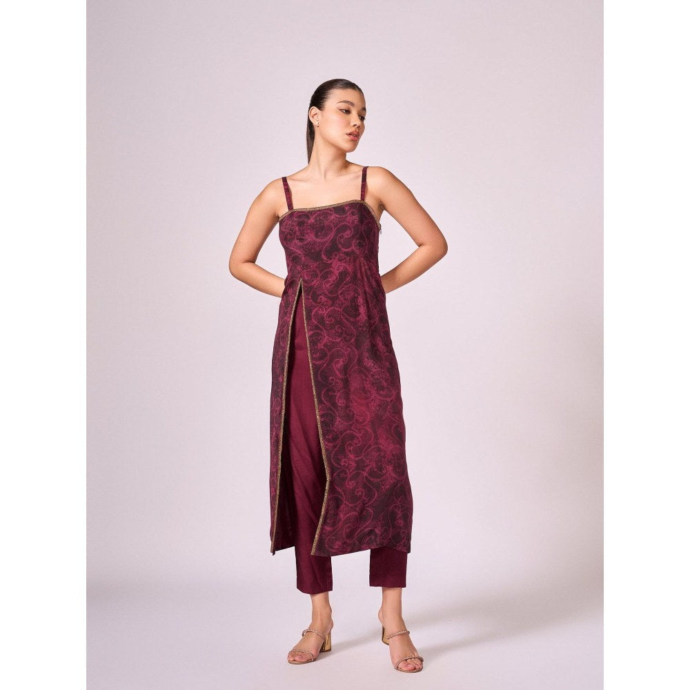 KOSWI Women Wine Cotton Silk Abstract Kurta with Pant