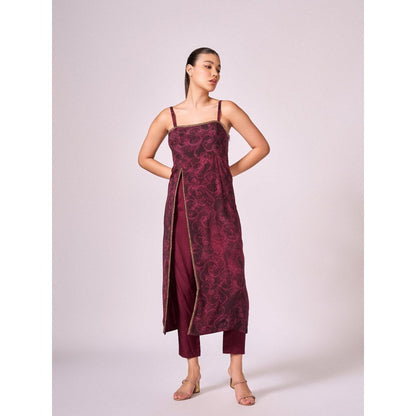 KOSWI Women Wine Cotton Silk Abstract Kurta with Pant