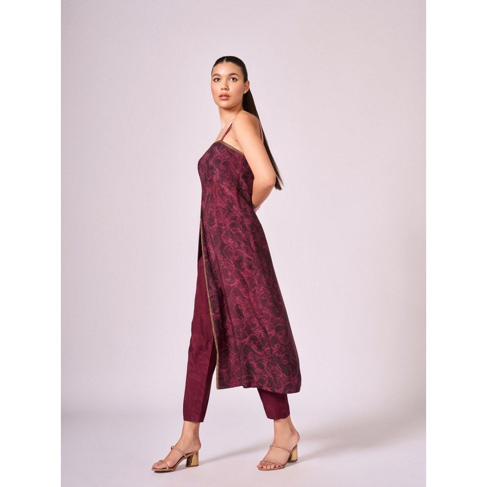 KOSWI Women Wine Cotton Silk Abstract Kurta with Pant