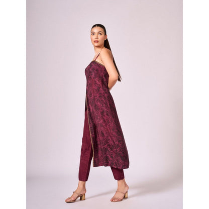 KOSWI Women Wine Cotton Silk Abstract Kurta with Pant