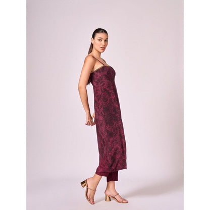 KOSWI Women Wine Cotton Silk Abstract Kurta with Pant
