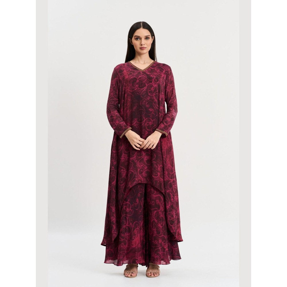 KOSWI Women Wine Cotton Silk Abstract Kurta with Palazzo