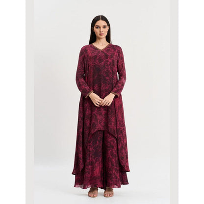 KOSWI Women Wine Cotton Silk Abstract Kurta with Palazzo