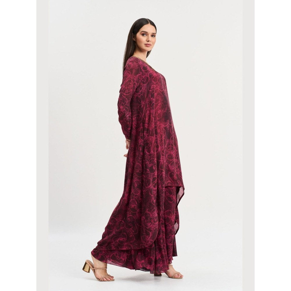 KOSWI Women Wine Cotton Silk Abstract Kurta with Palazzo