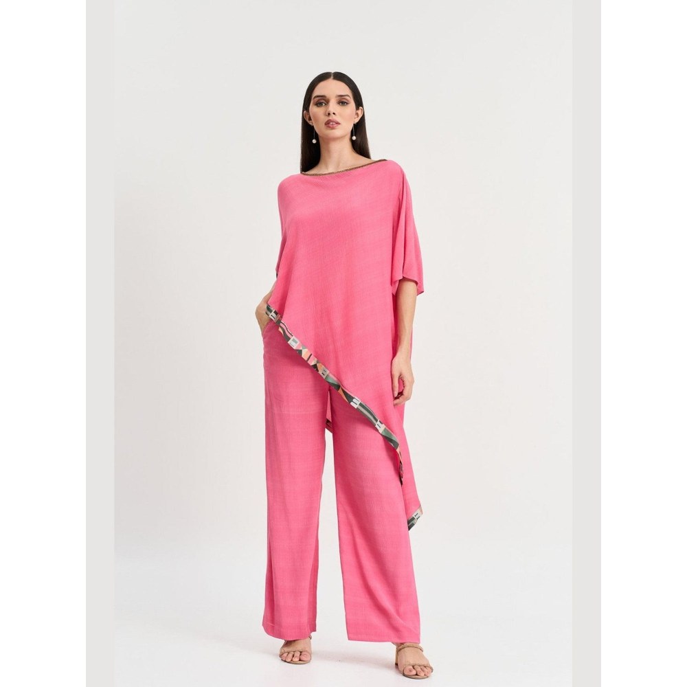 KOSWI Women Pink Cotton Silk Solid Kaftan with Pant