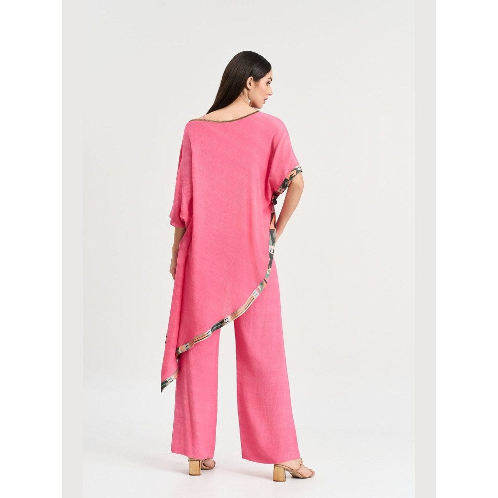 KOSWI Women Pink Cotton Silk Solid Kaftan with Pant