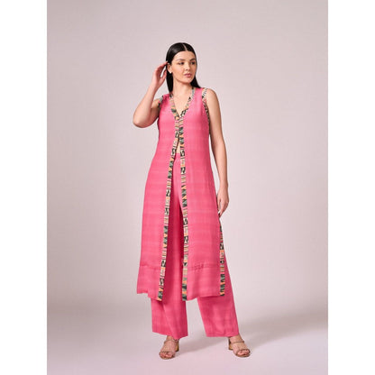 KOSWI Women Pink Cotton Silk Geometric Kurta with Pant